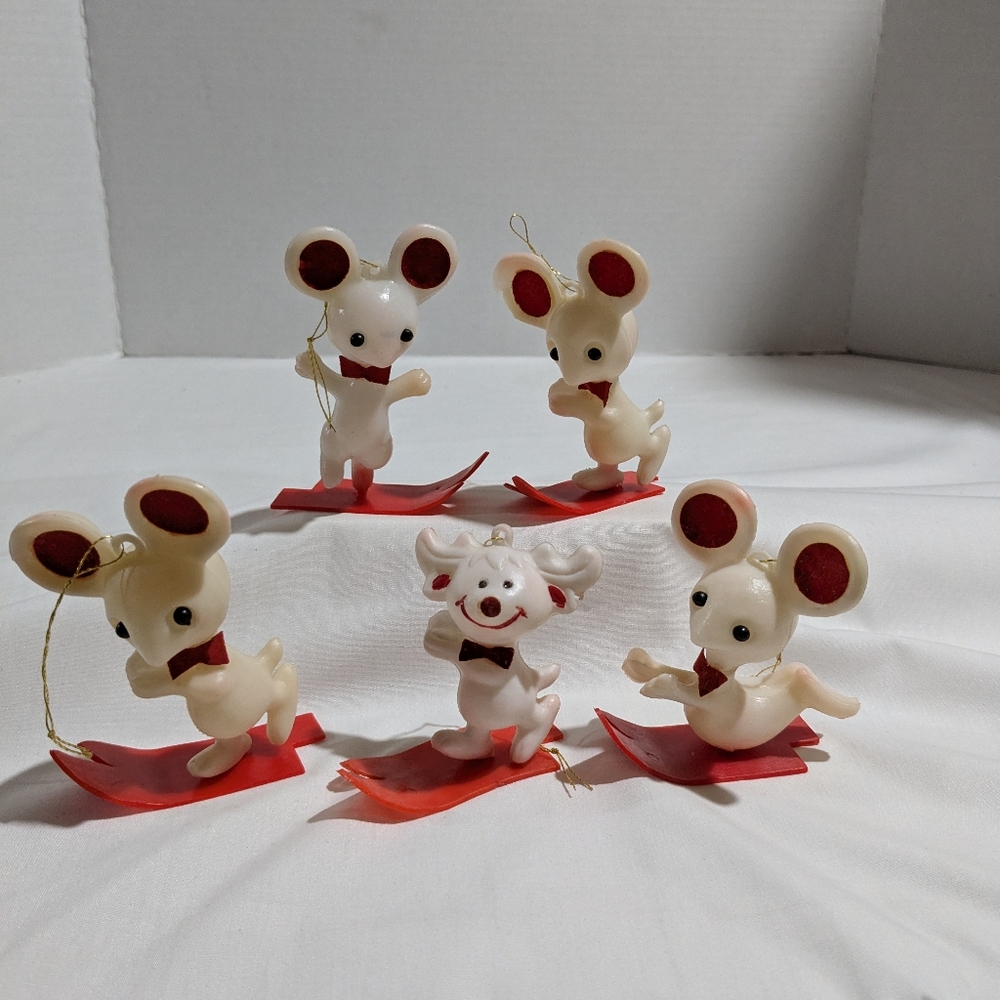 5 VTG Blow Mold (4 Mice 1 Reindeer) On Skis Tree Ornaments Hong Kong